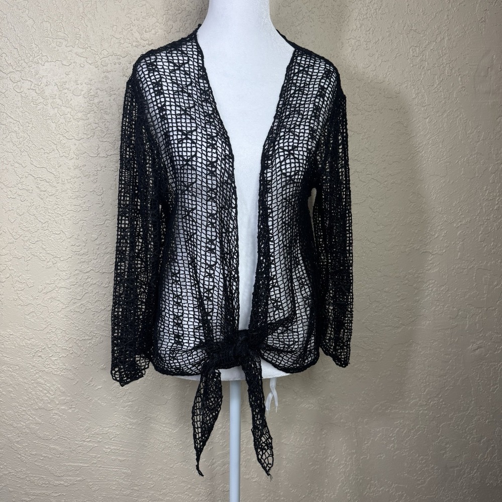 Womens Black Y2K Crochet Open Knit Cardigan Size XL Tie Front Whimsigoth Fairy